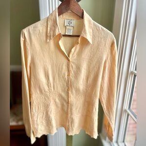 Vintage 100% Linen Dandelion Thistle Button-Up Shirt Floral Eyelet Scalloped Hem